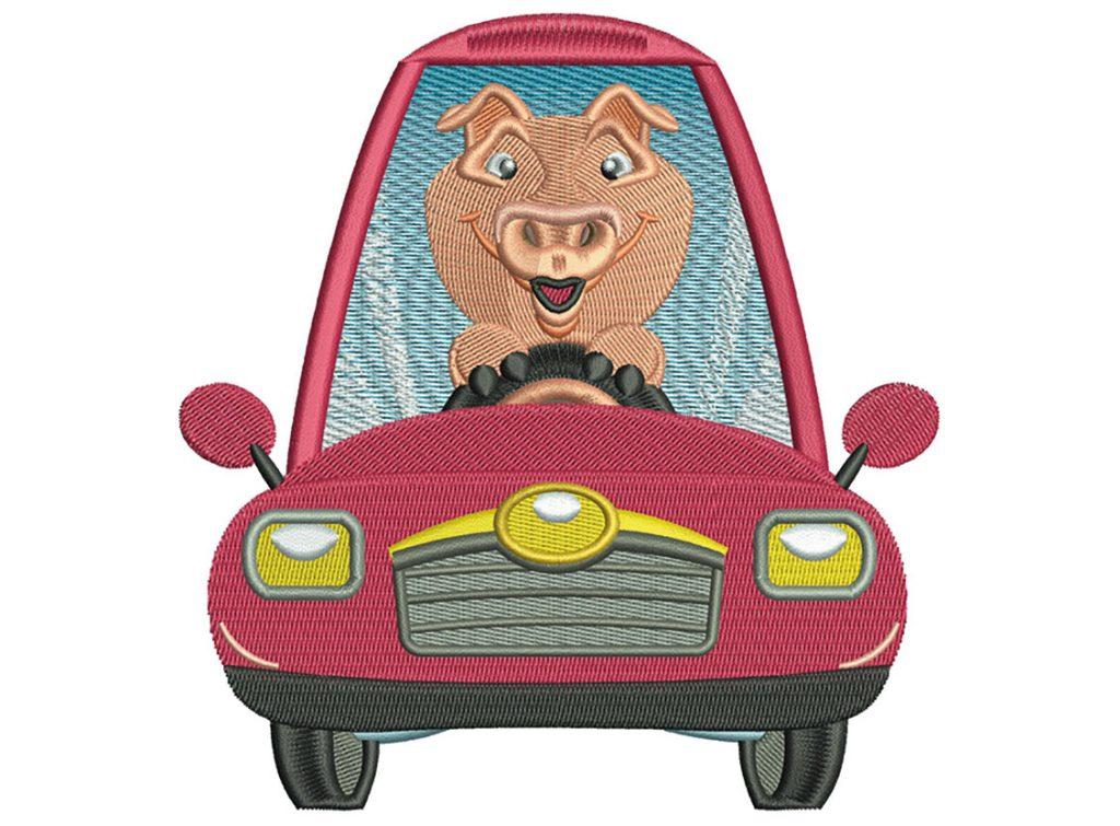 Das Stickprogramm Schwein im Auto
